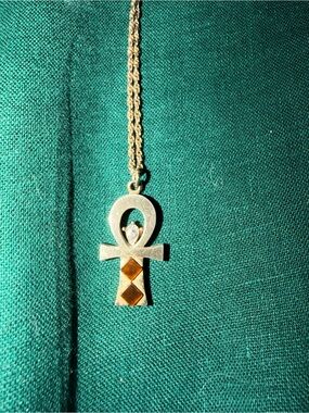 Vintage Pierre Cardin Gold-Tone Ankh Pendant Necklace with Diamond Chip